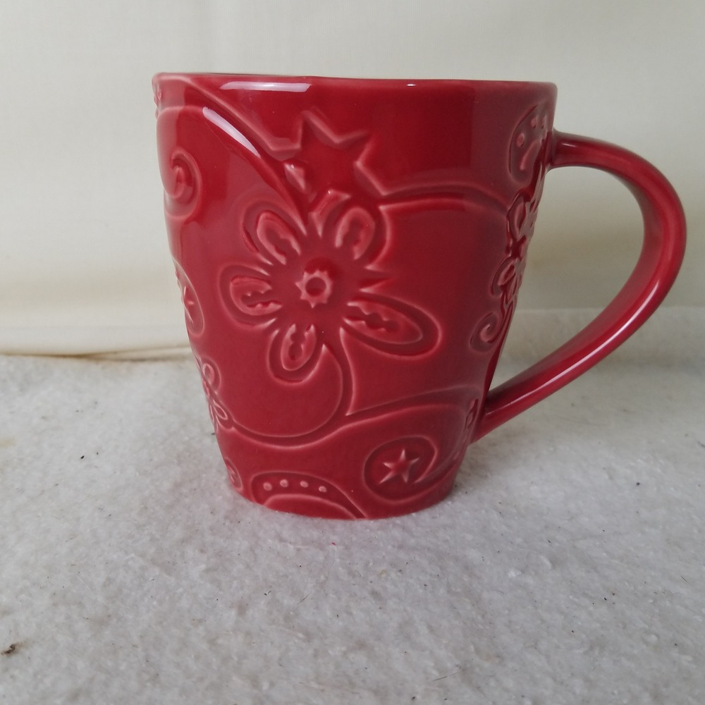 Red Embossed Floral Starbucks Coffee Mug Tea Cup Flower Star‎ Accents bone china - Picture 3 of 9